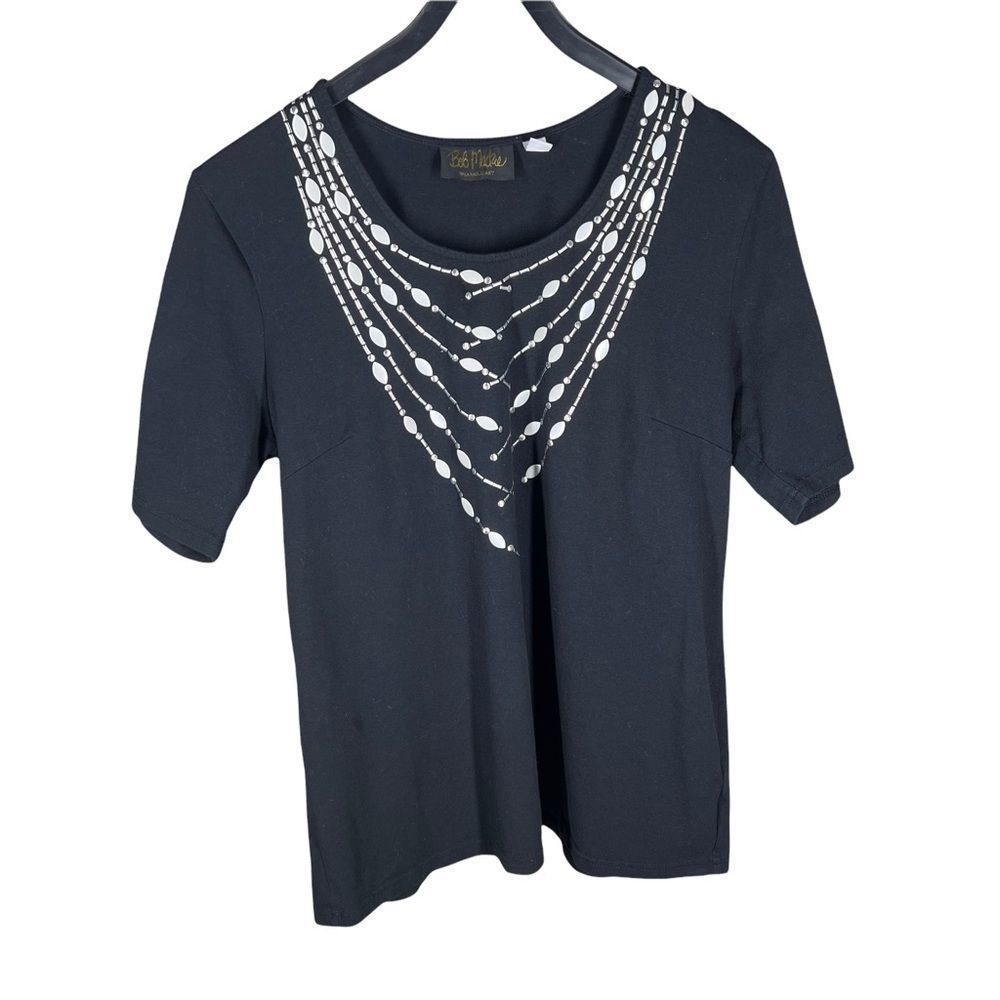 Bob Mackie Wearable Art Womens Sz M Black Embellished Short Sleeve Top